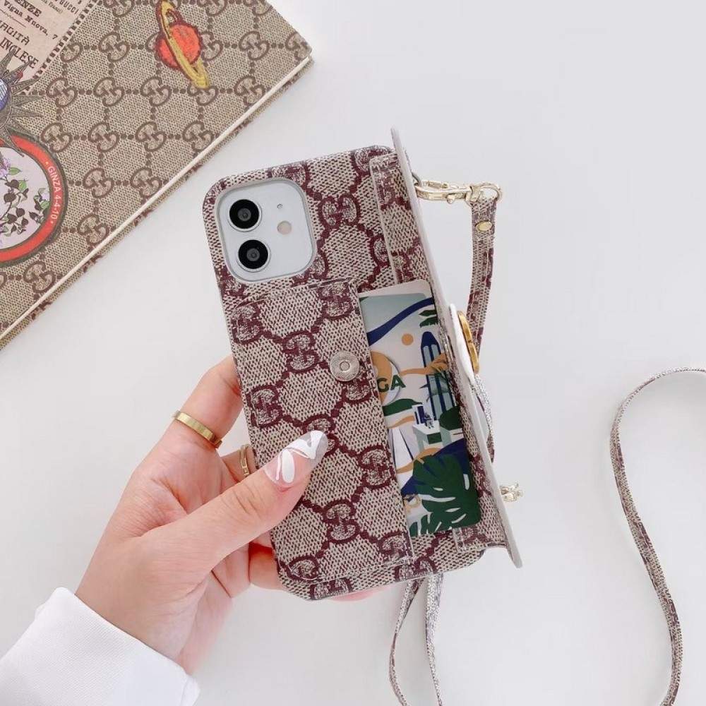 Hortory luxury leather iPhone case with card holder and hand strap phone  case for iphone 11 12 13 14 15 Pro max