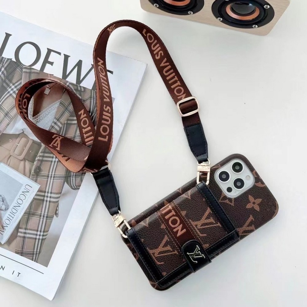 Hortory classic leather iPhone case with lanyard and card holder crossbody  phone case for iphone 11 12 13 14 15 Pro max