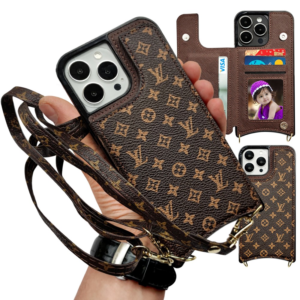 Hortory designer LV iPhone case with magnetic flip wallet card holder and  lanyards for iphone 12 13 14 15 pro max